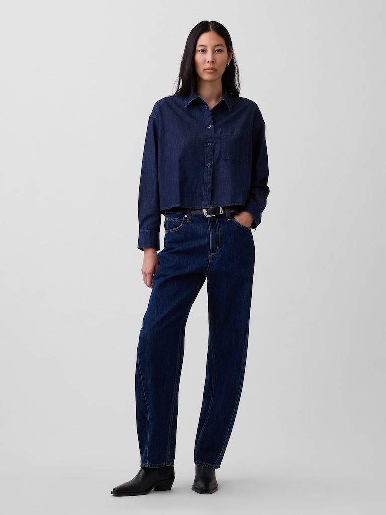UltraSoft Denim Straight-Hem Crop Shirt