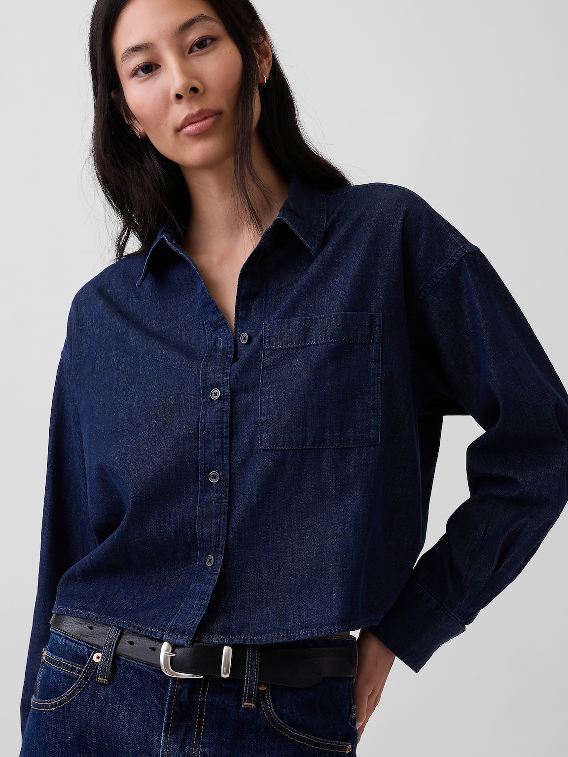 UltraSoft Denim Straight-Hem Crop Shirt