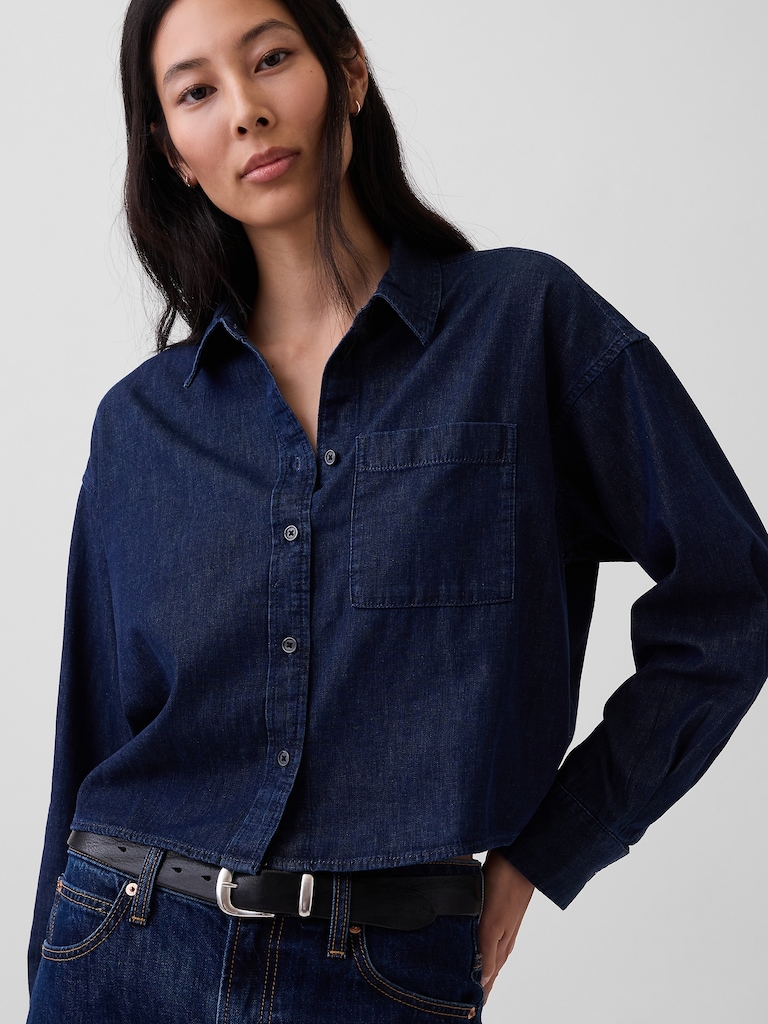UltraSoft Denim Straight-Hem Crop Shirt