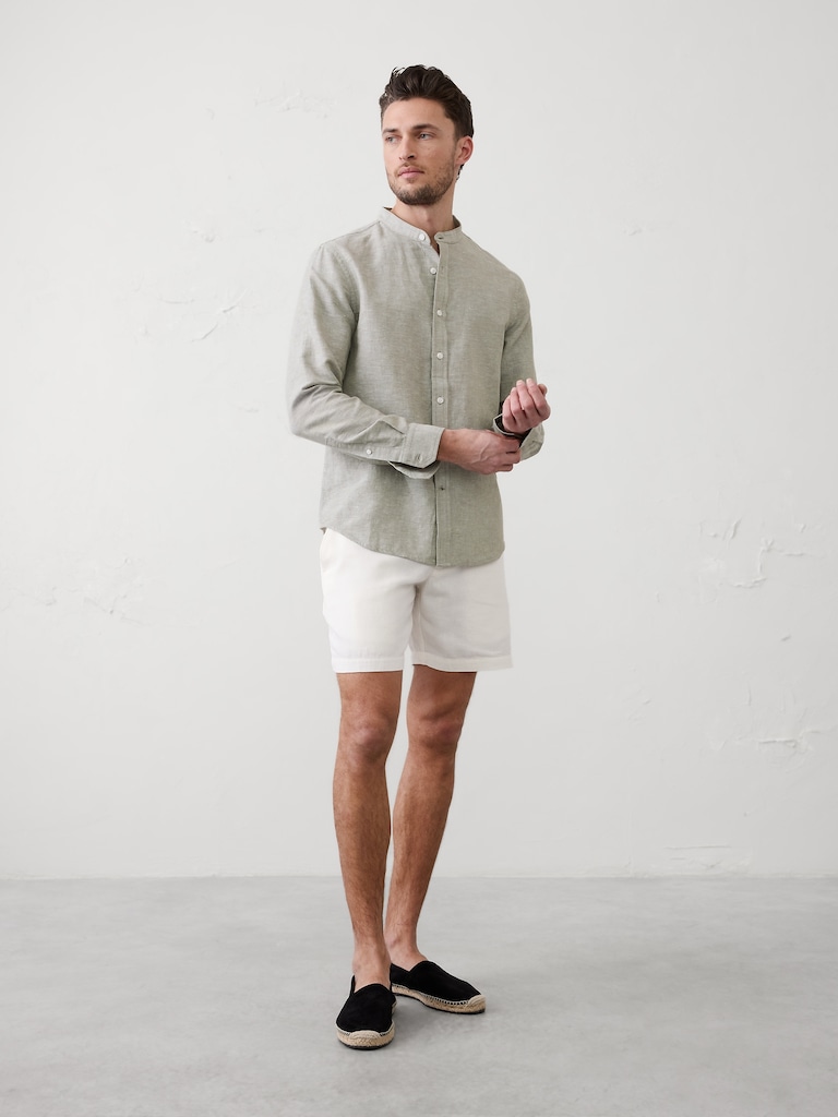 Slim-Fit Linen-Blend Banded-Collar Shirt