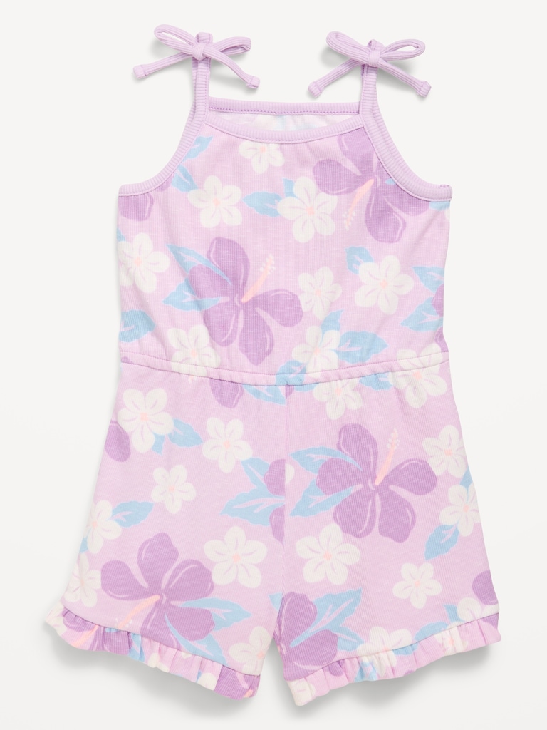 Printed Sleeveless Ribbed Tie-Bow Romper for Toddler Girls