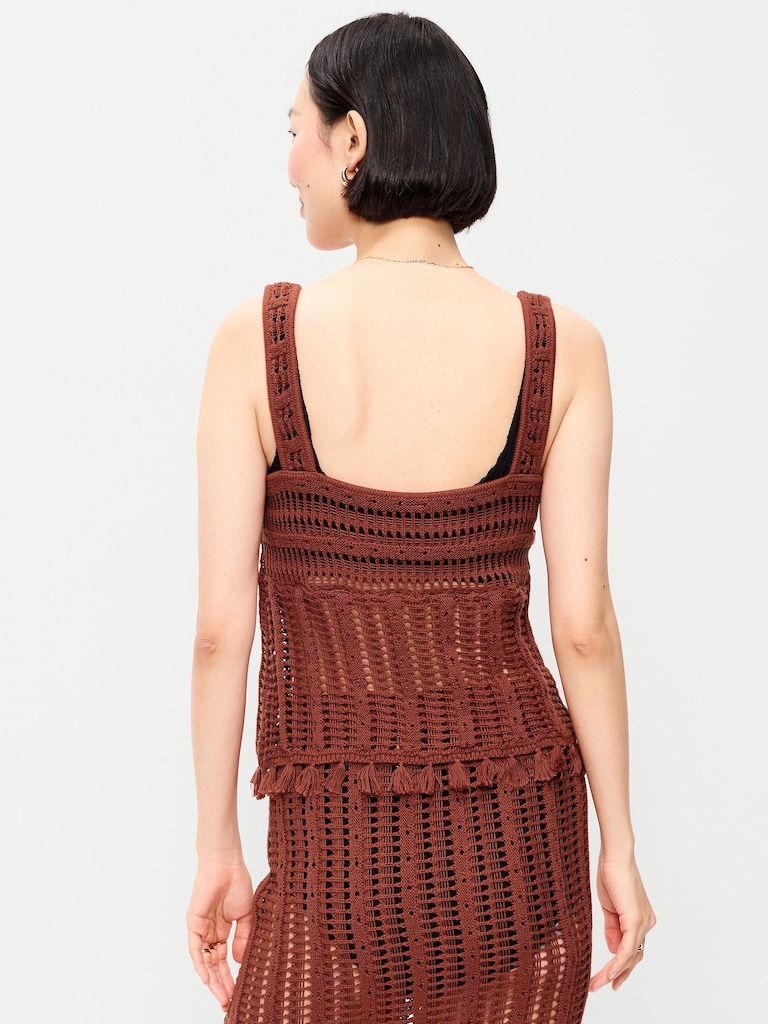Open-Weave Seaside Cotton Fringe Tank Top