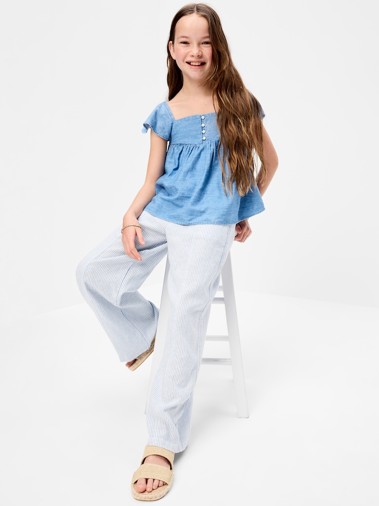 Striped Linen-Blend Wide-Leg Pants for Girls