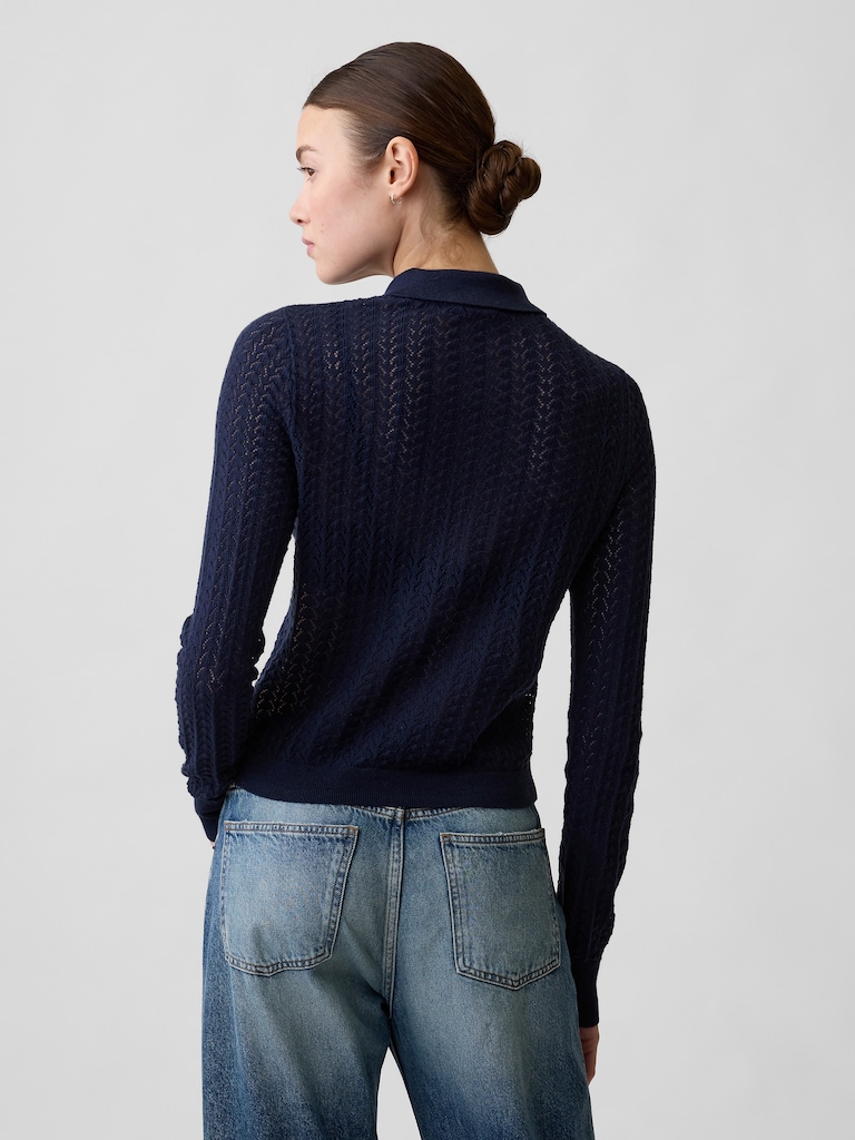 Lace-Stitch Collared Cardigan