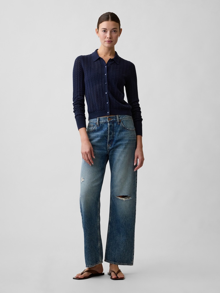 Lace-Stitch Collared Cardigan