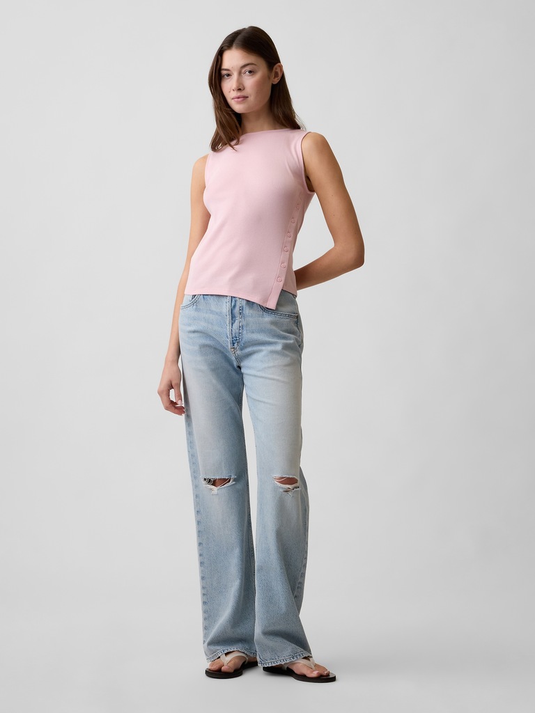 Modern Ribbed Asymmetrical Button-Side Top
