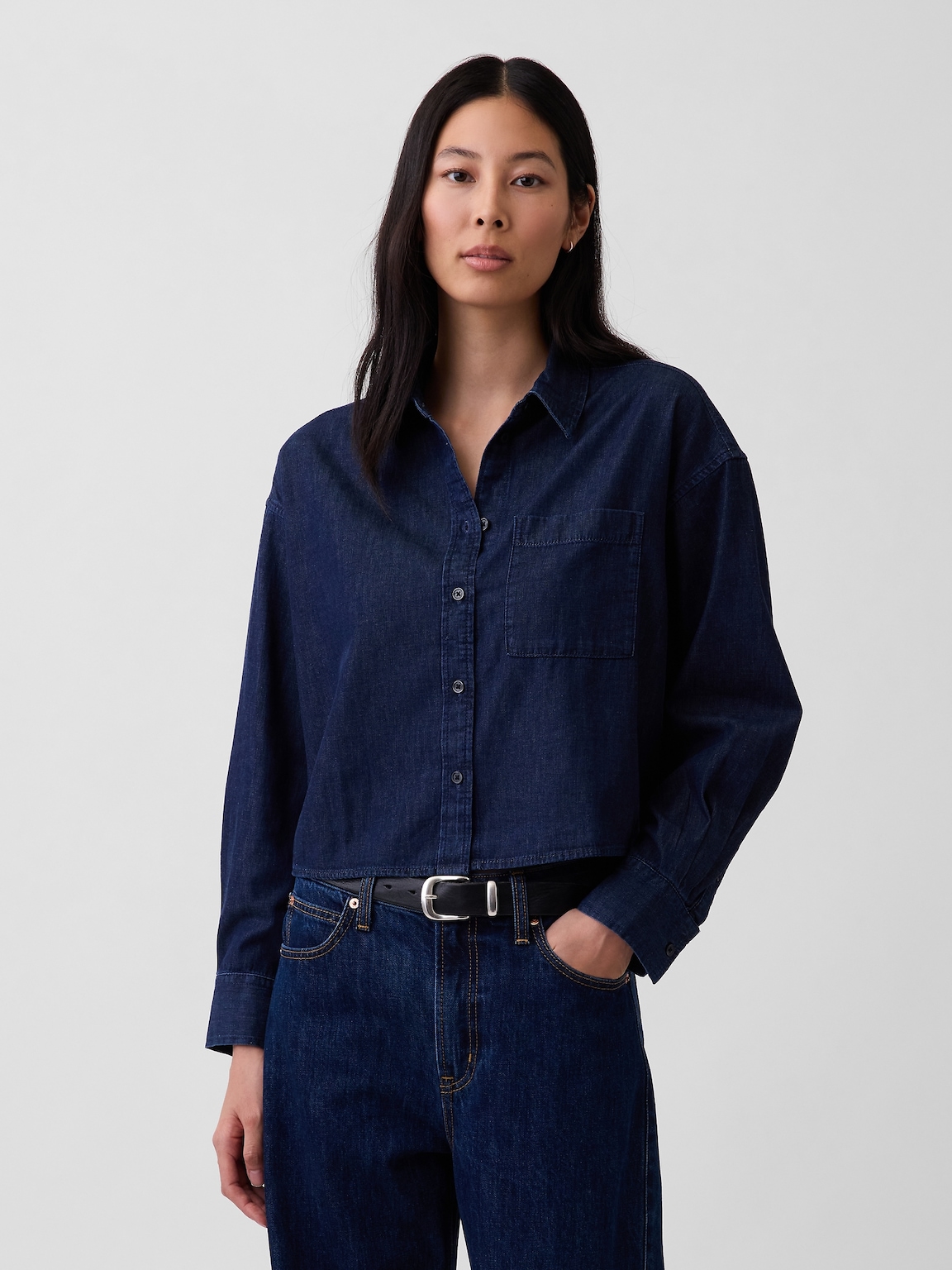 UltraSoft Denim Straight-Hem Crop Shirt