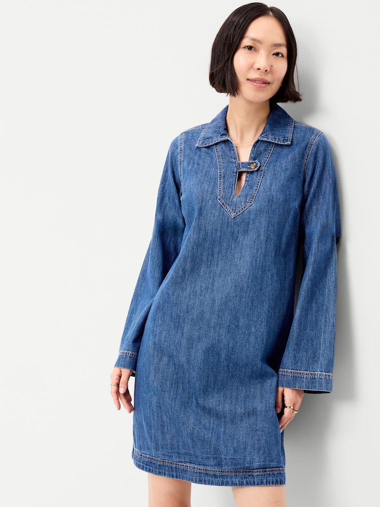 Long-Sleeve Popover Jean Mini Dress