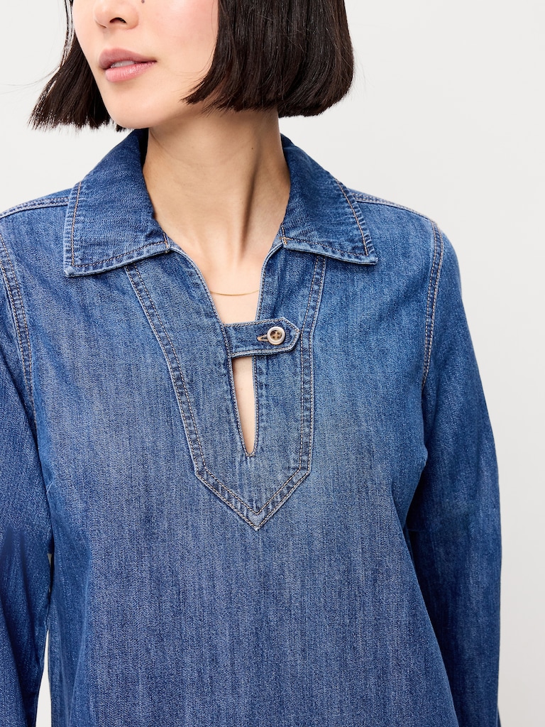 Long-Sleeve Popover Jean Mini Dress