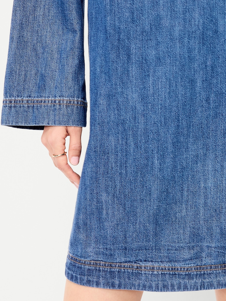Long-Sleeve Popover Jean Mini Dress
