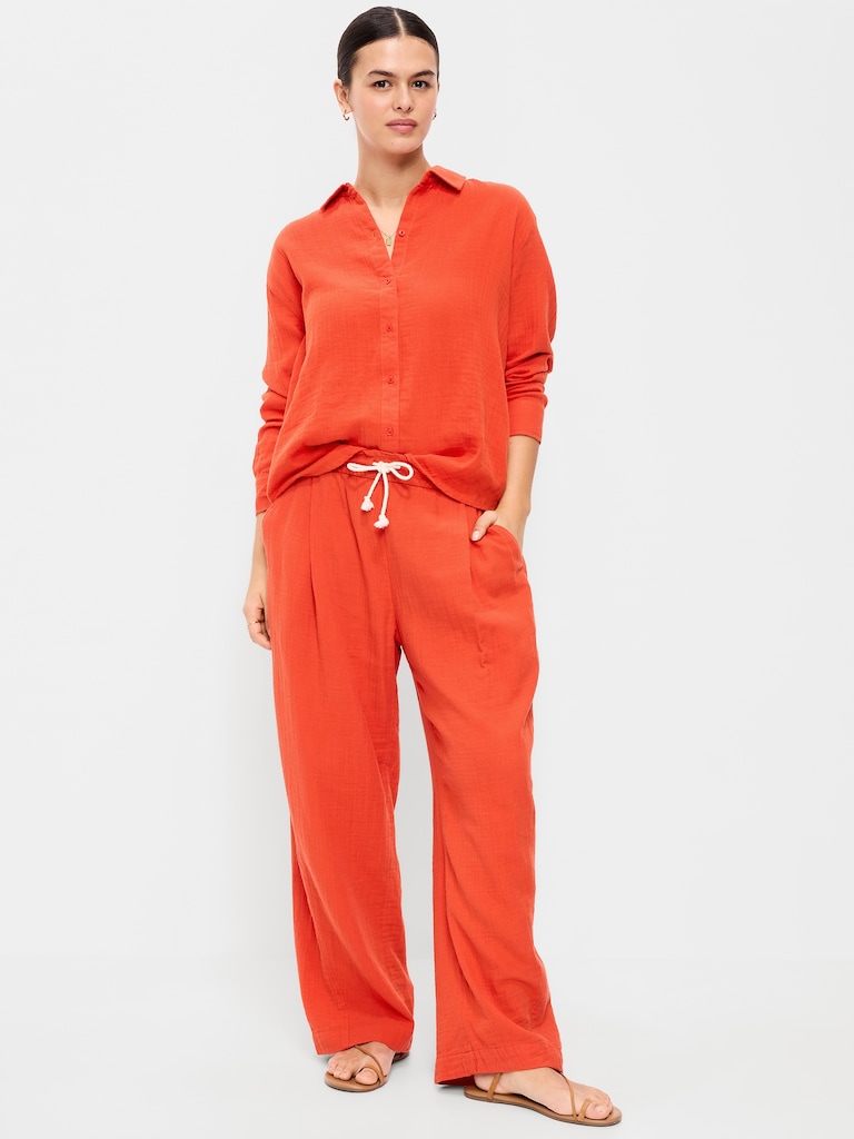 High-Waisted Crinkle Gauze Barrel Ankle Pants