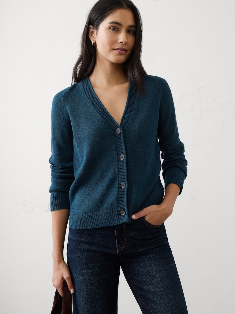 Ramie-Cotton V-Neck Cardigan Sweater