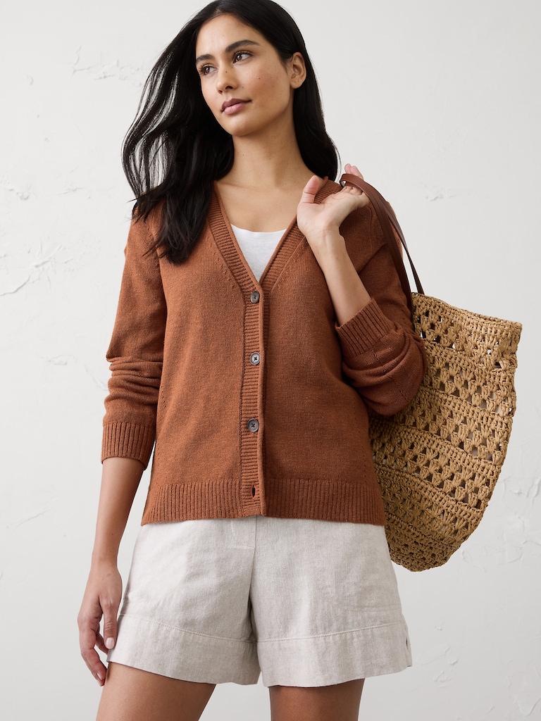 Ramie-Cotton V-Neck Cardigan Sweater