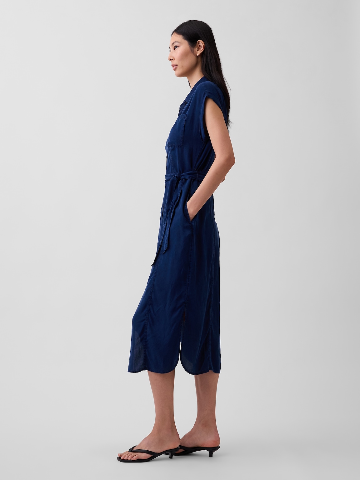 Denim Tie-Waist Utility Midi Dress