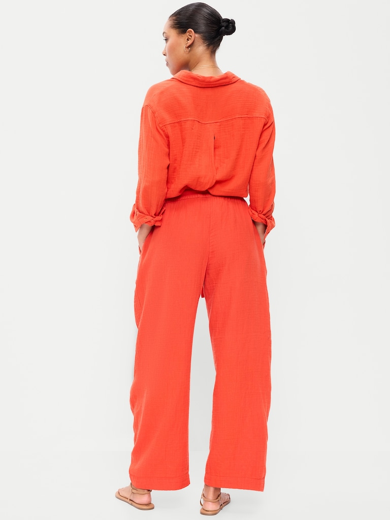 High-Waisted Crinkle Gauze Barrel Ankle Pants
