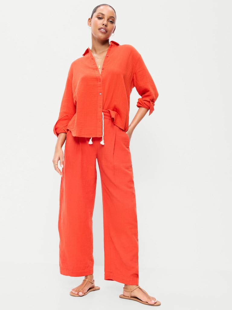 High-Waisted Crinkle Gauze Barrel Ankle Pants