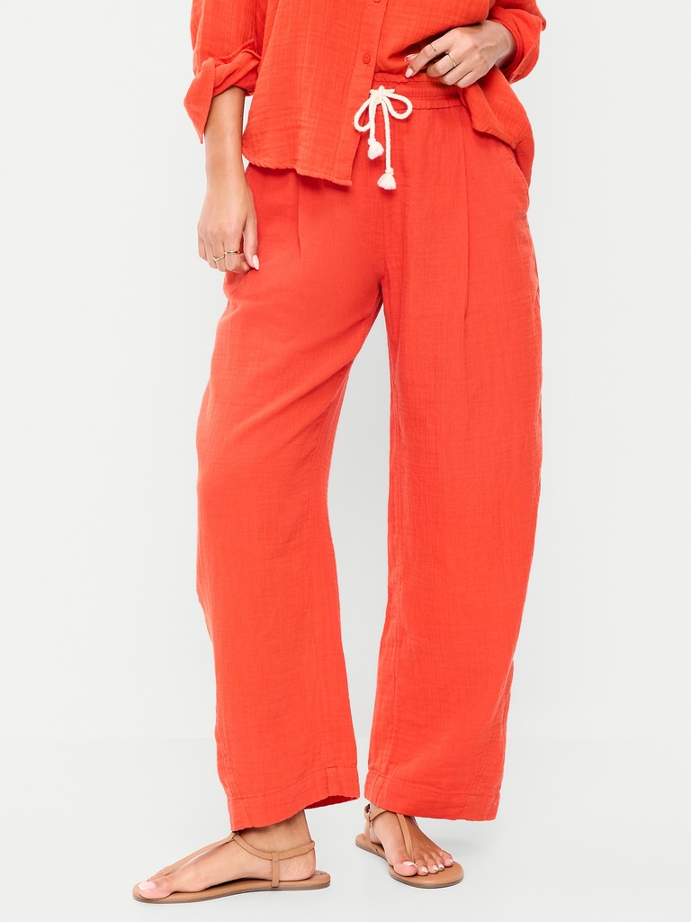 High-Waisted Crinkle Gauze Barrel Ankle Pants
