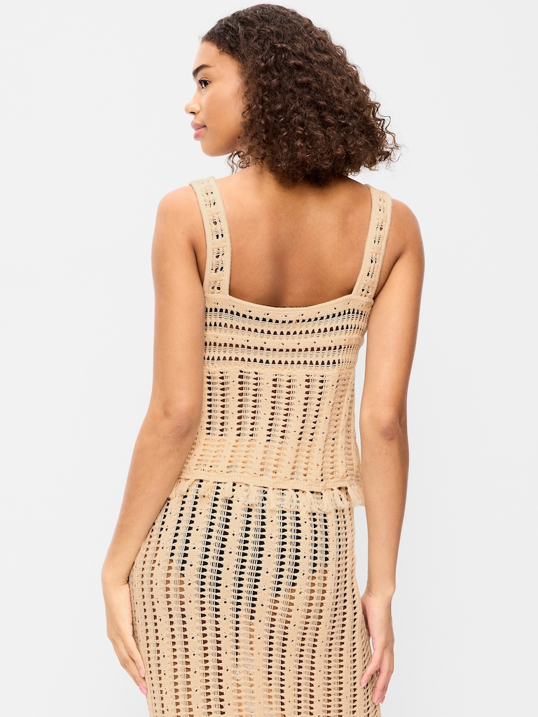 Open-Weave Seaside Cotton Fringe Tank Top