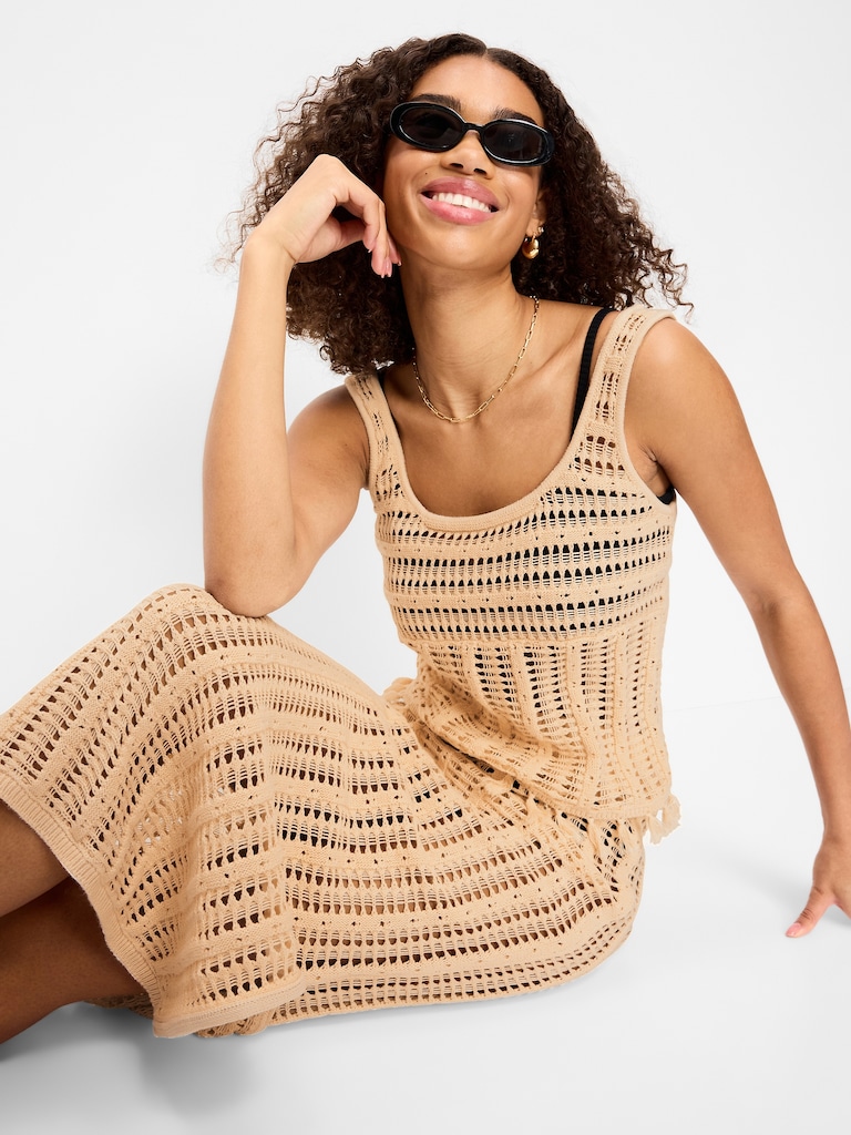Open-Weave Seaside Cotton Fringe Tank Top