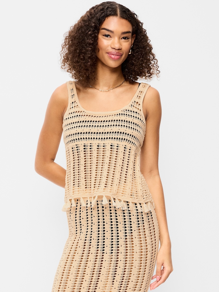 Open-Weave Seaside Cotton Fringe Tank Top