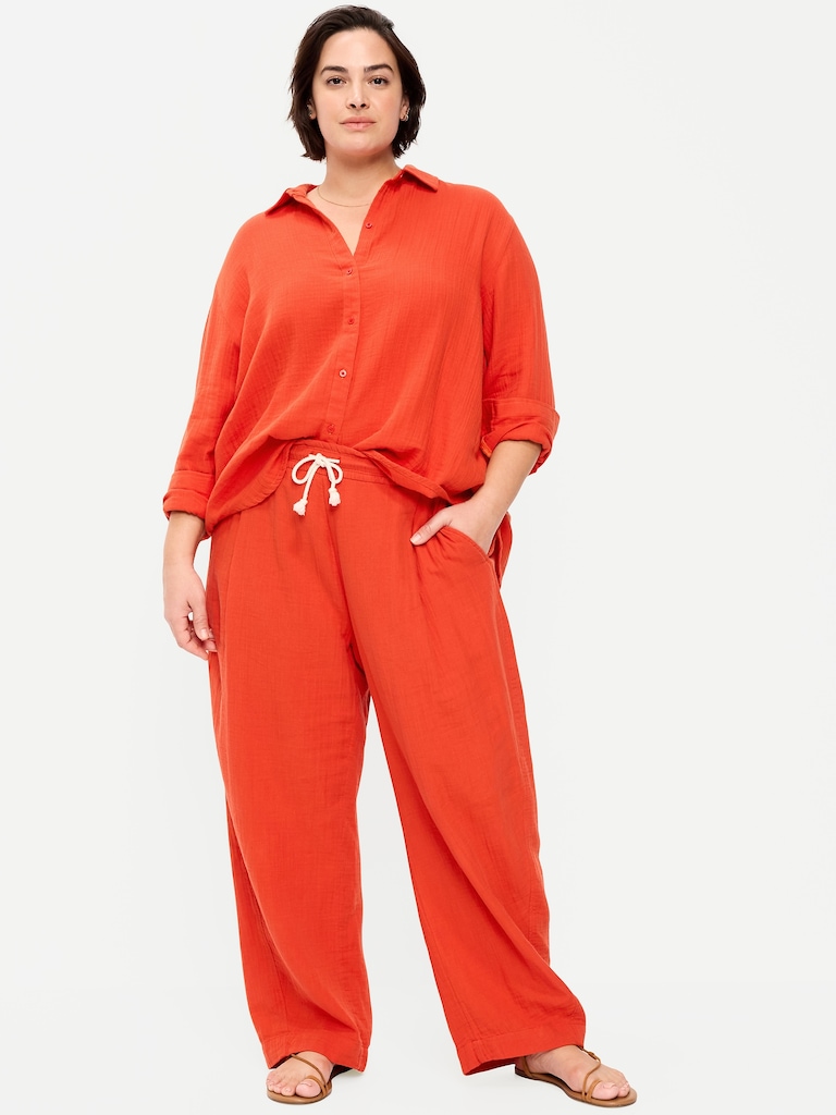 High-Waisted Crinkle Gauze Barrel Ankle Pants