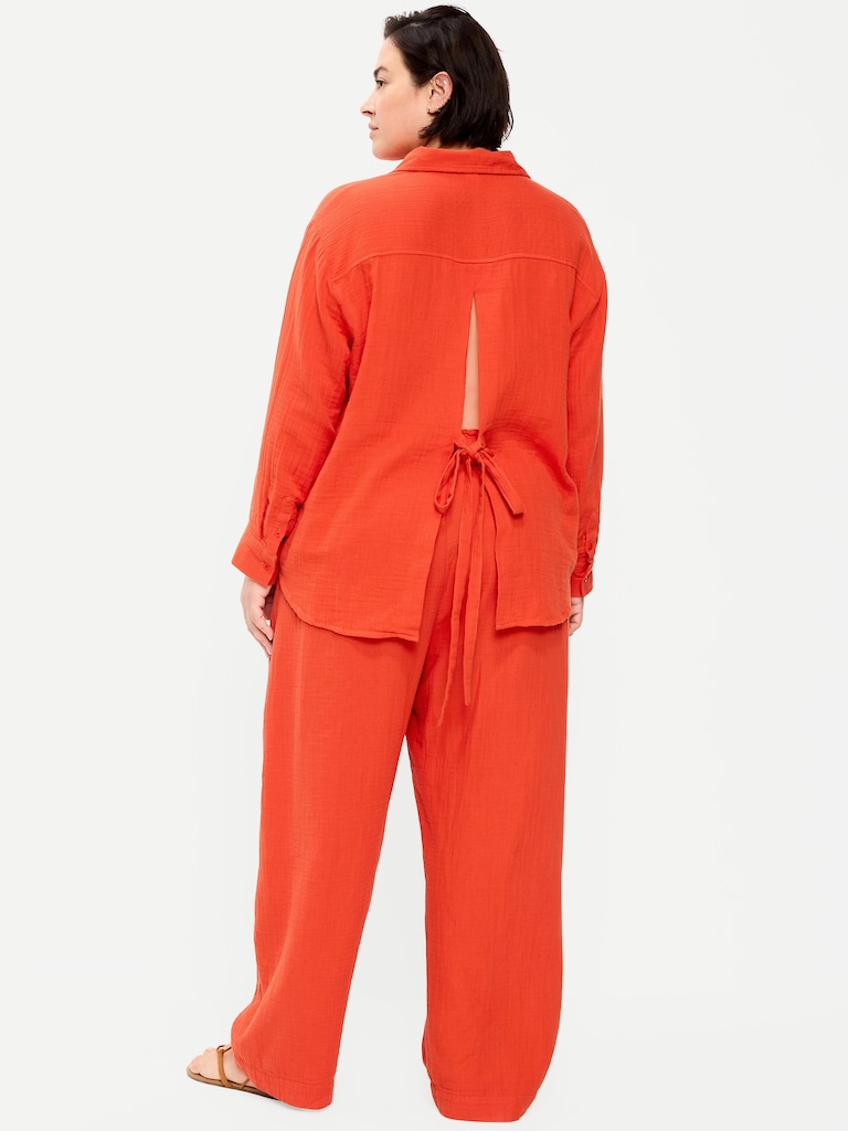 High-Waisted Crinkle Gauze Barrel Ankle Pants