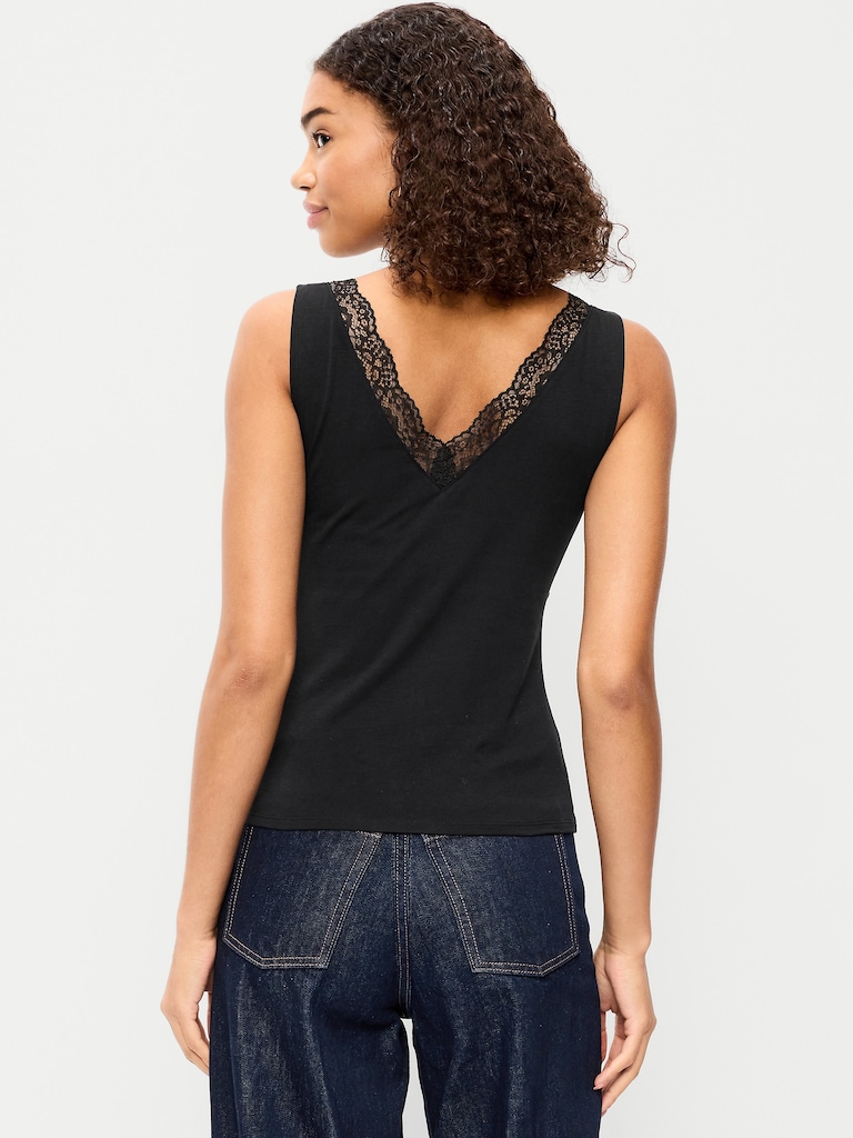 Sleeveless Lace-Trim V-Neck Ribbed Top