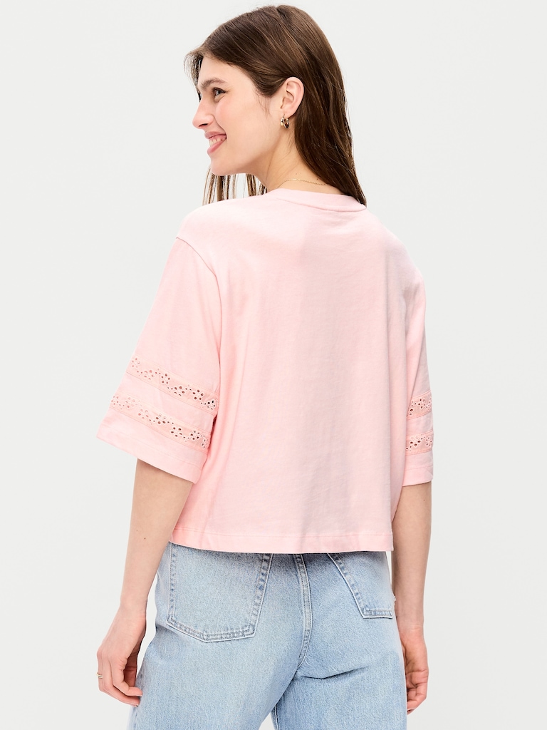Vintage Crew-Neck Cropped Lace-Trim T-Shirt