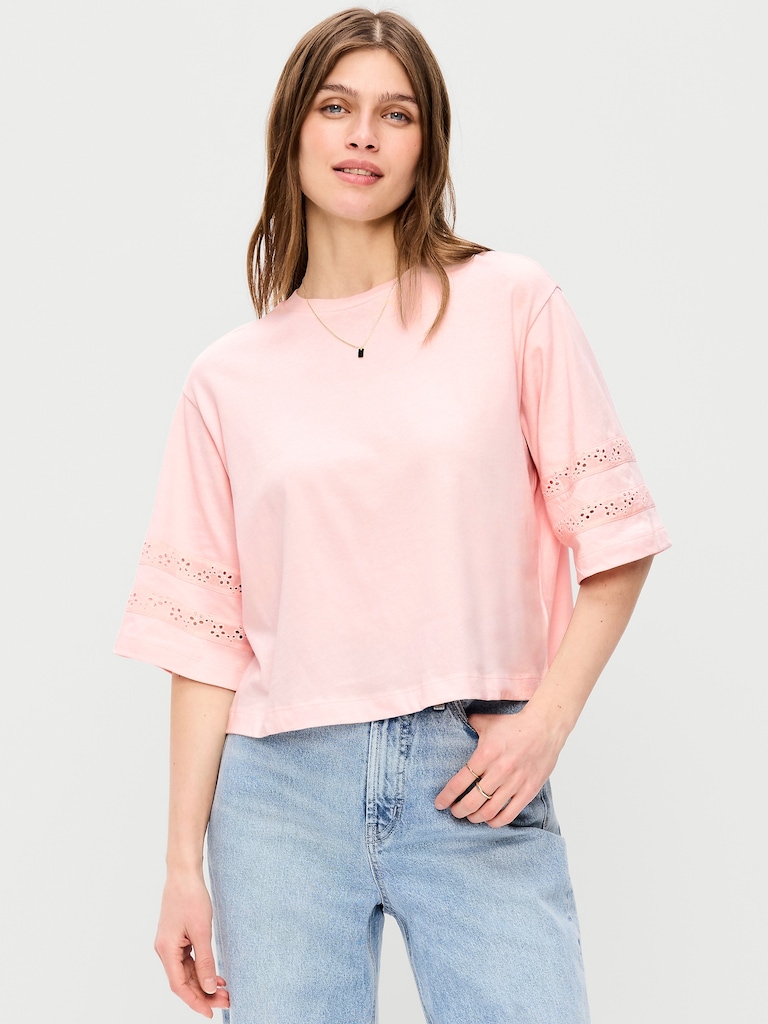 Vintage Crew-Neck Cropped Lace-Trim T-Shirt
