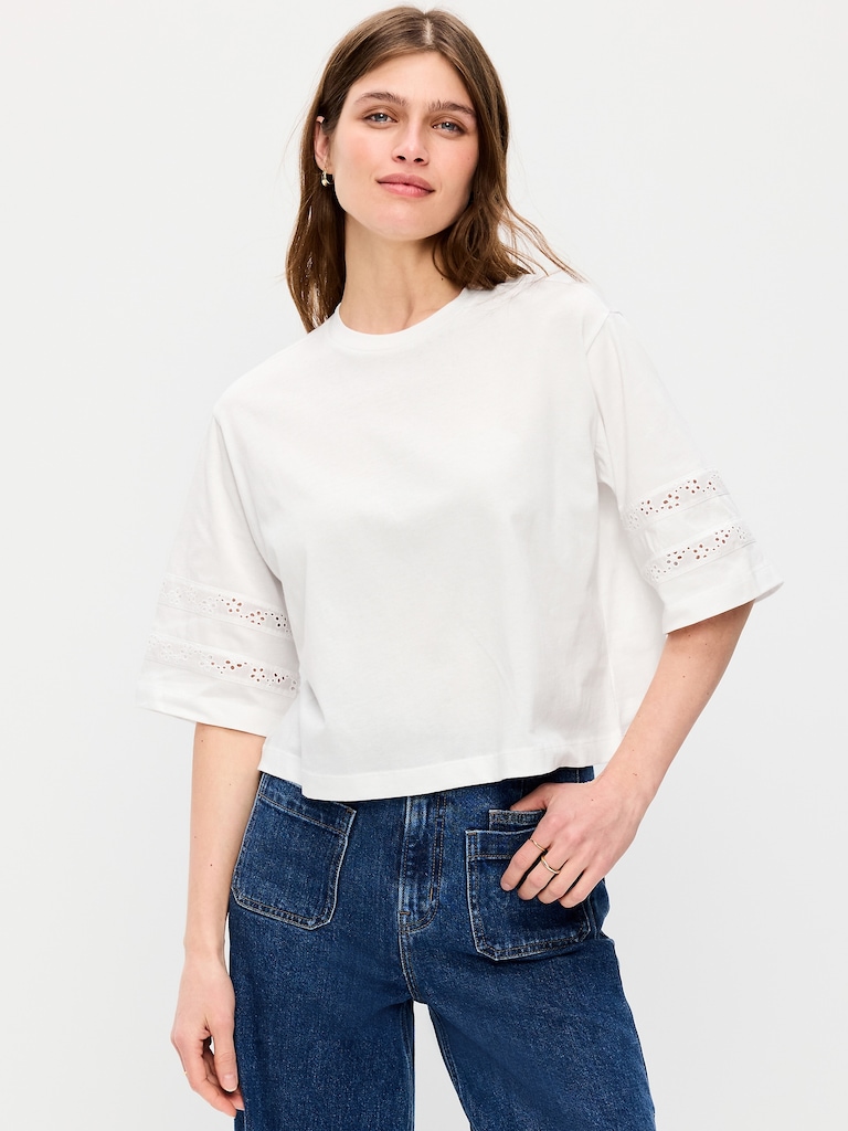 Vintage Crew-Neck Cropped Lace-Trim T-Shirt