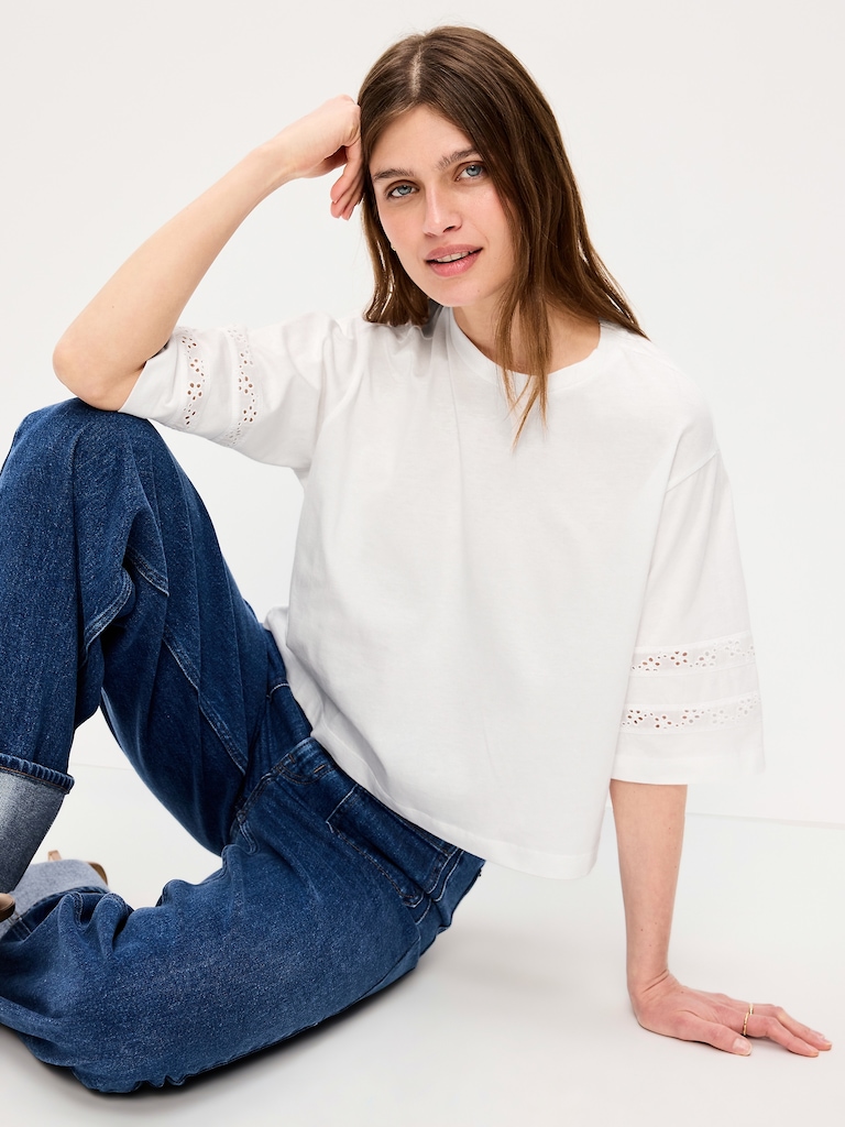 Vintage Crew-Neck Cropped Lace-Trim T-Shirt