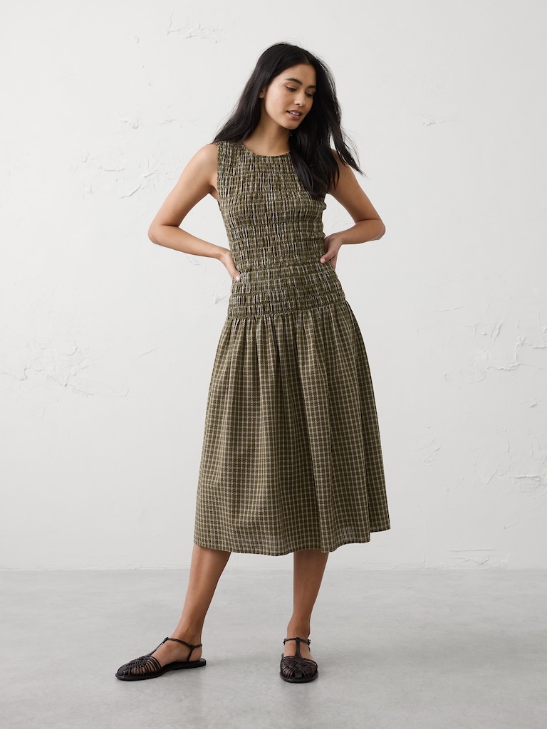 Seersucker Smocked Midi Dress