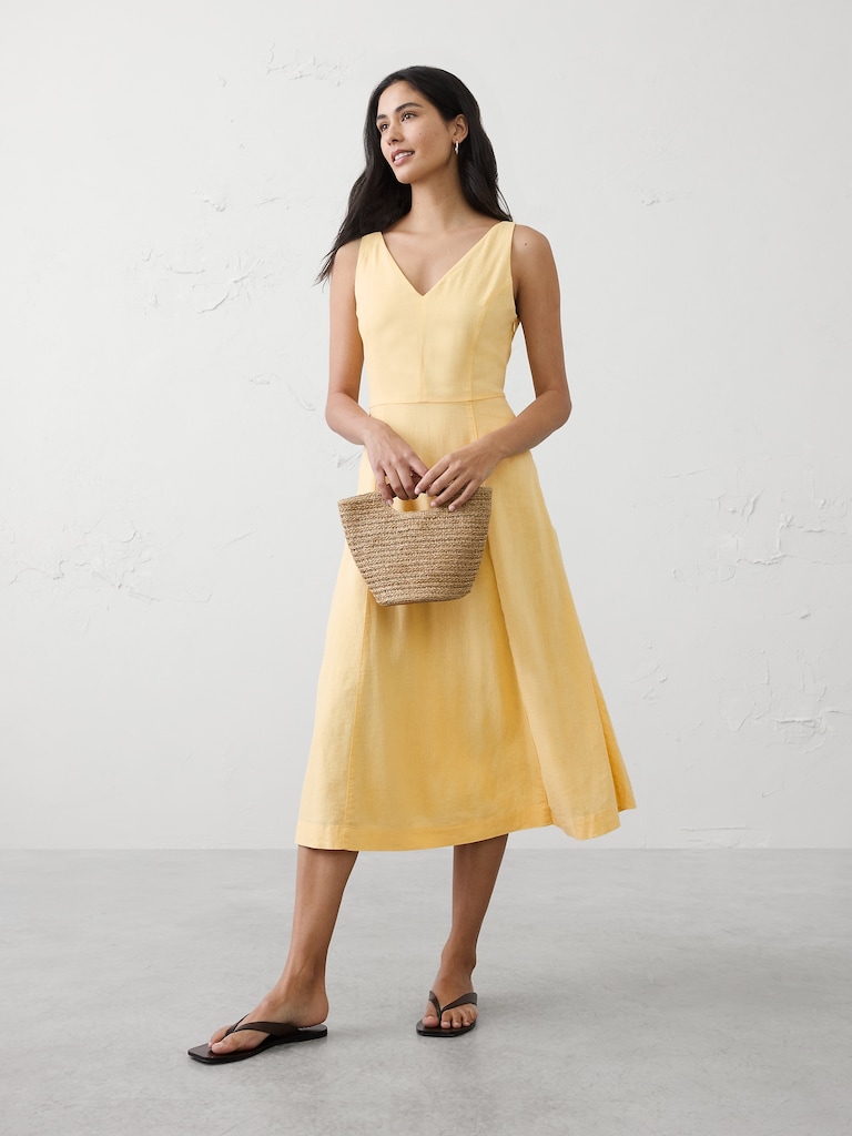 Linen-Blend Drapey Midi Dress