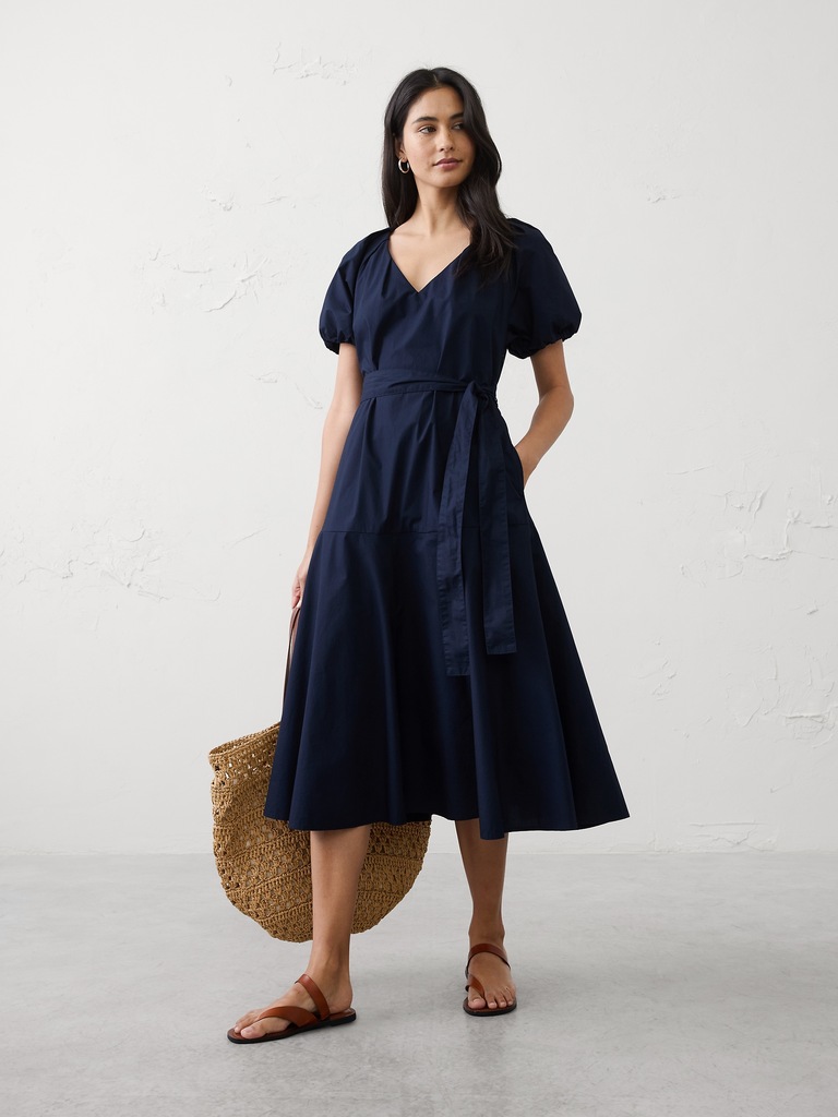 Poplin Gathered-Shoulder Midi Dress