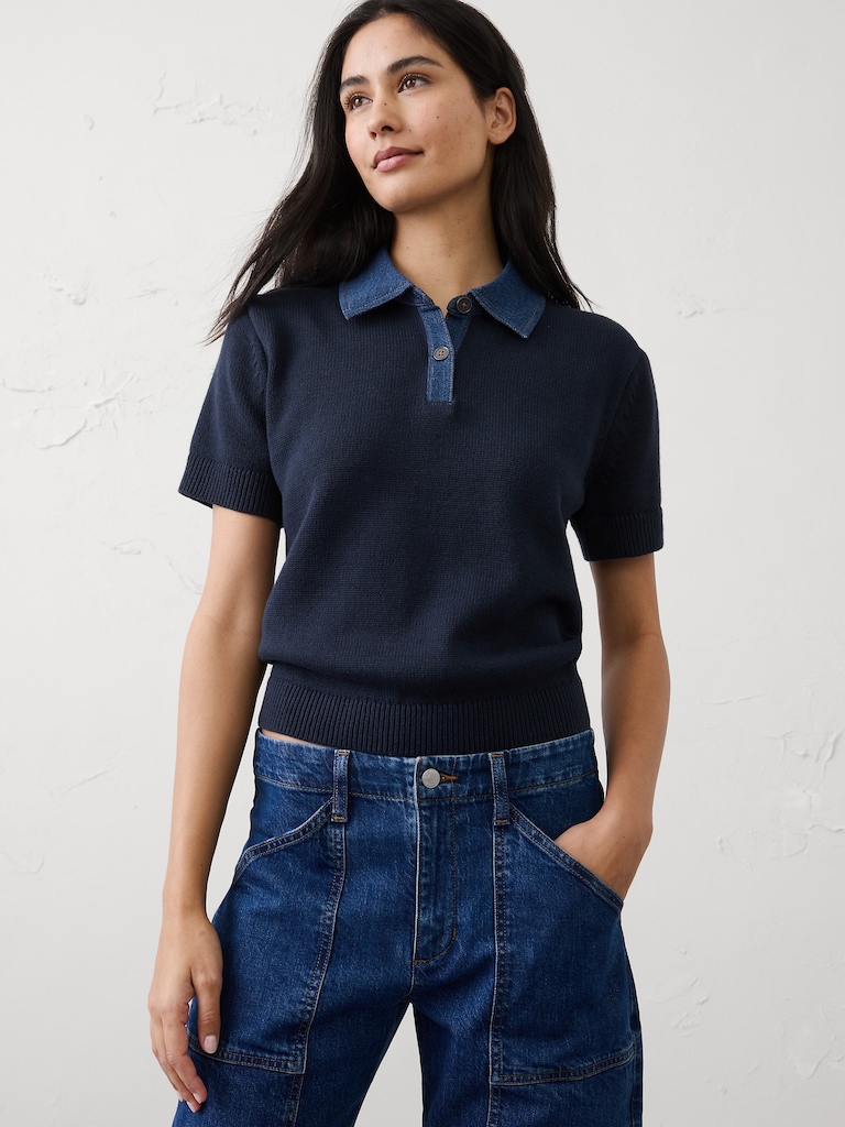 Denim Collar Sweater Polo