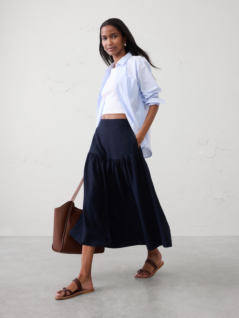 Linen-Blend Tiered Midi Skirt