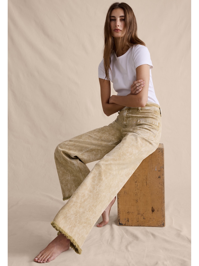 Mid-Rise Wide-Leg Marbled Jean with Raw Hem