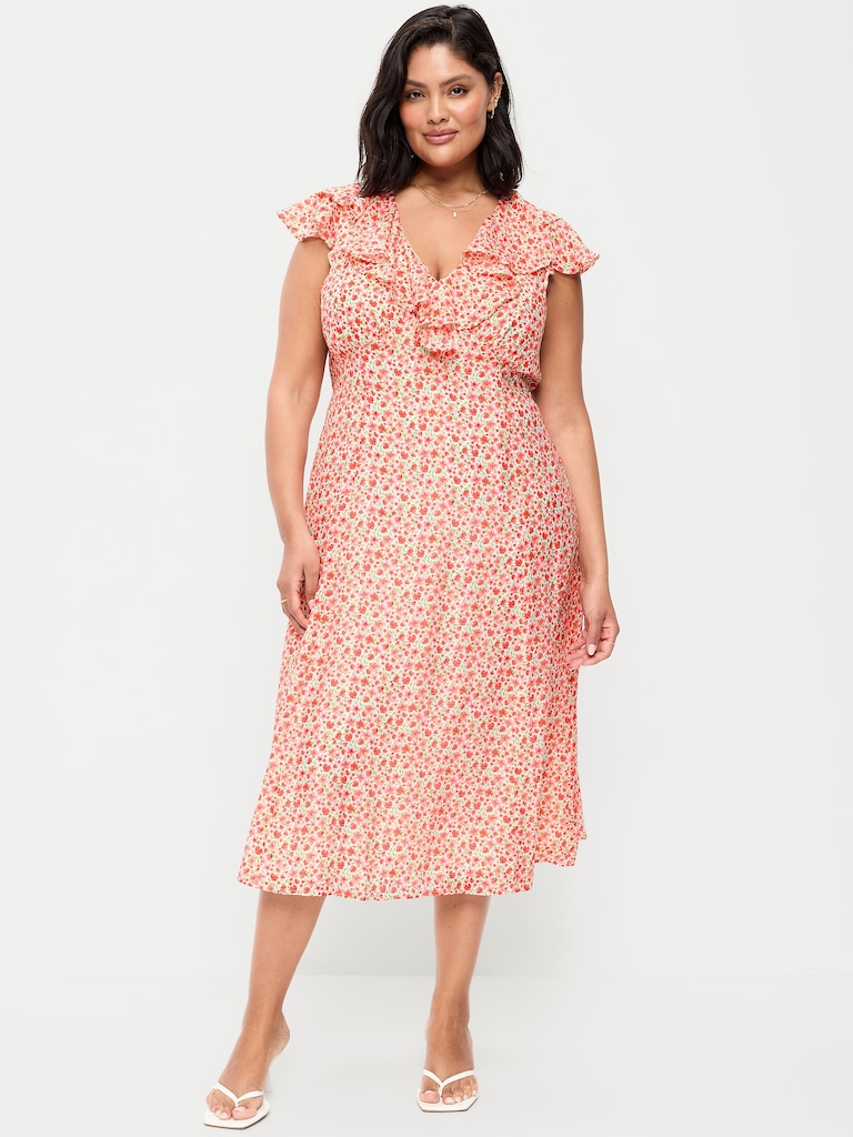 Ruffle-Sleeve Fit & Flare Midi Dress