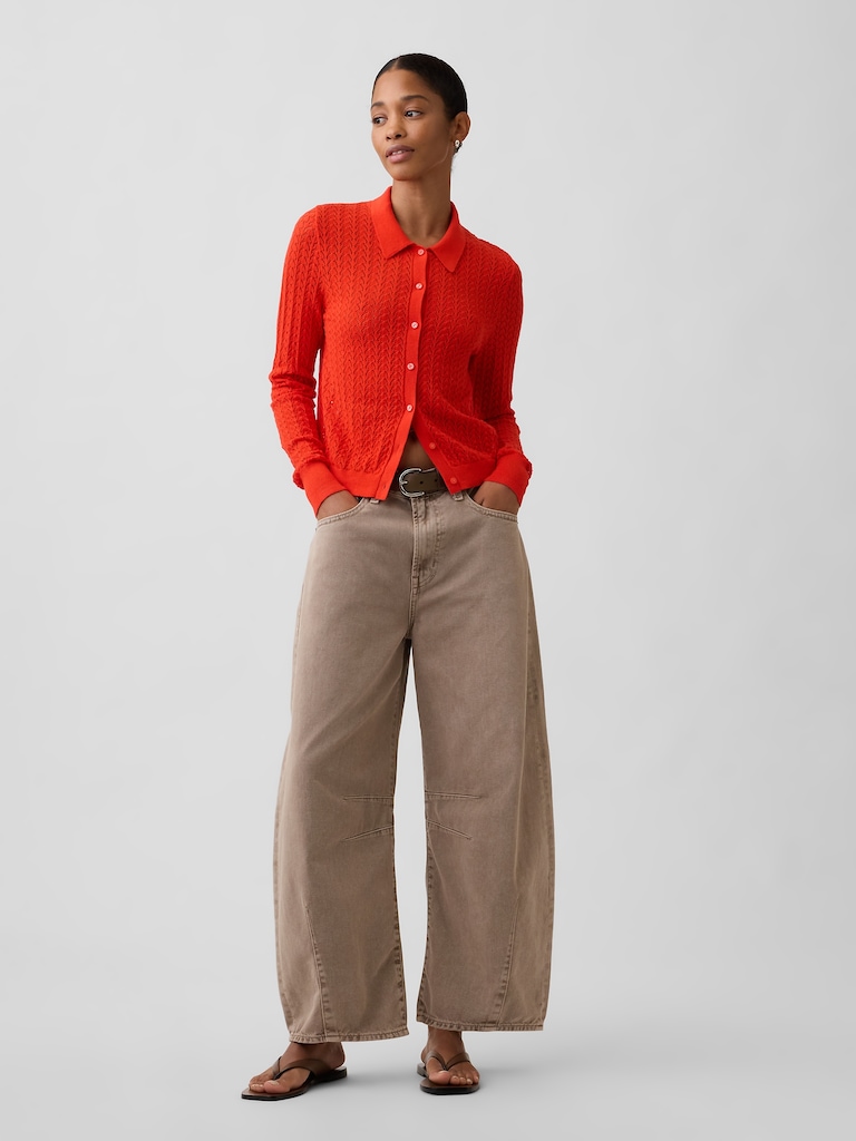 Lace-Stitch Collared Cardigan