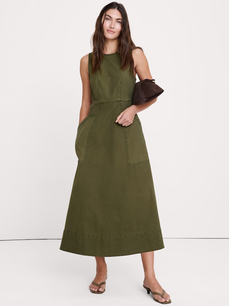 Cotton Canvas Utility Pocket Maxi Dress