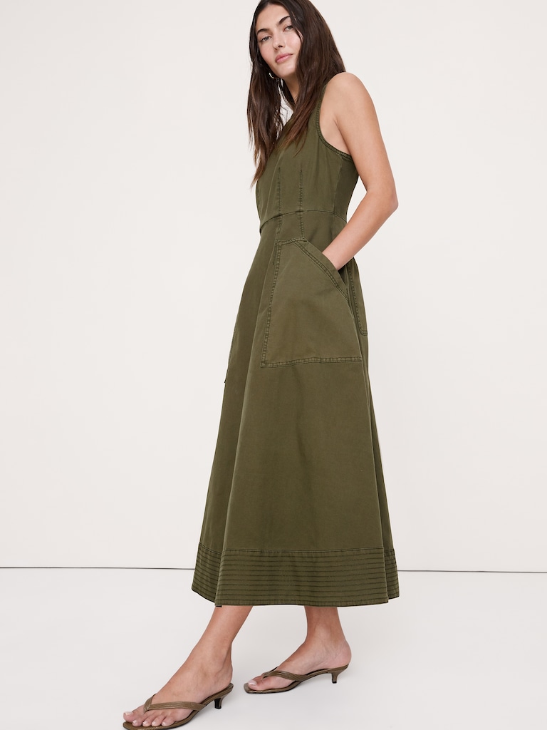 Cotton Canvas Utility Pocket Maxi Dress