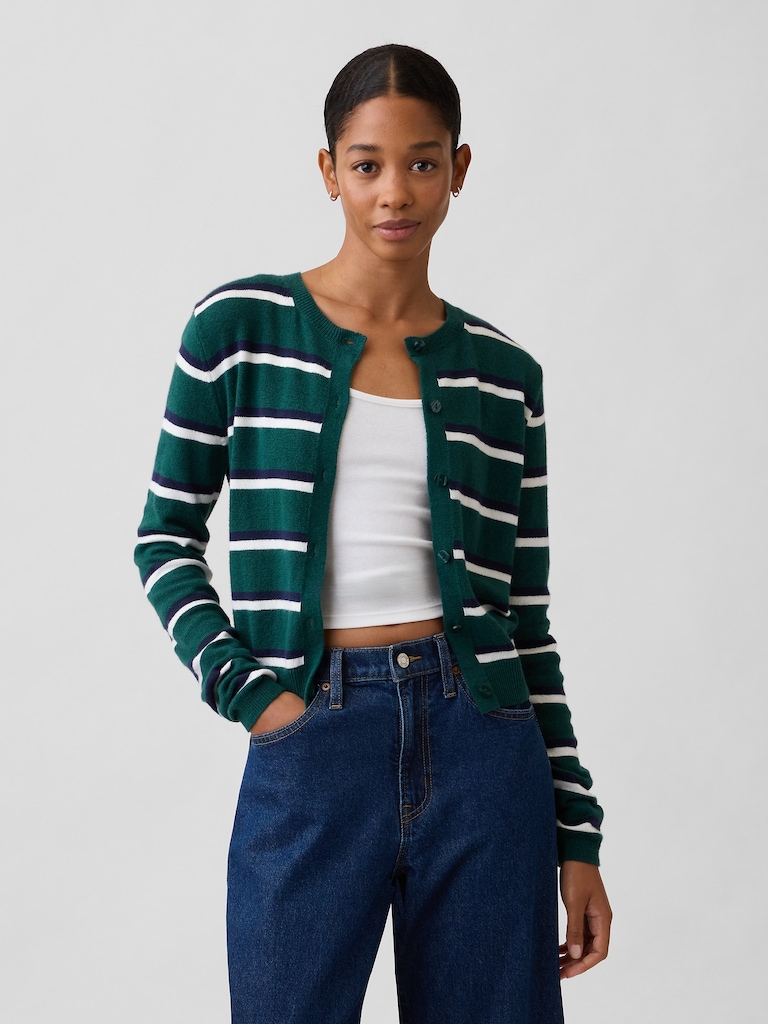CashSoft Stripe Crewneck Cardigan