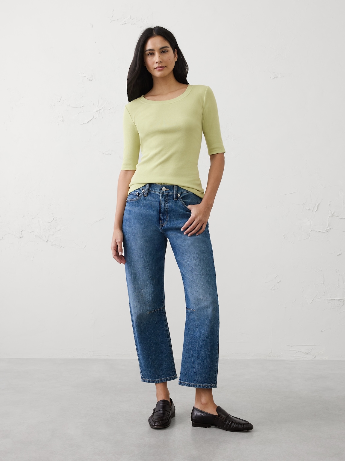 Ribbed Elbow-Sleeve T-Shirt