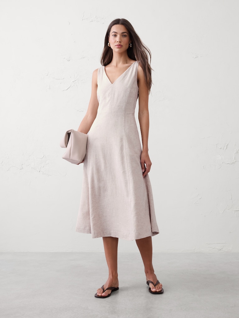 Linen-Blend Drapey Midi Dress