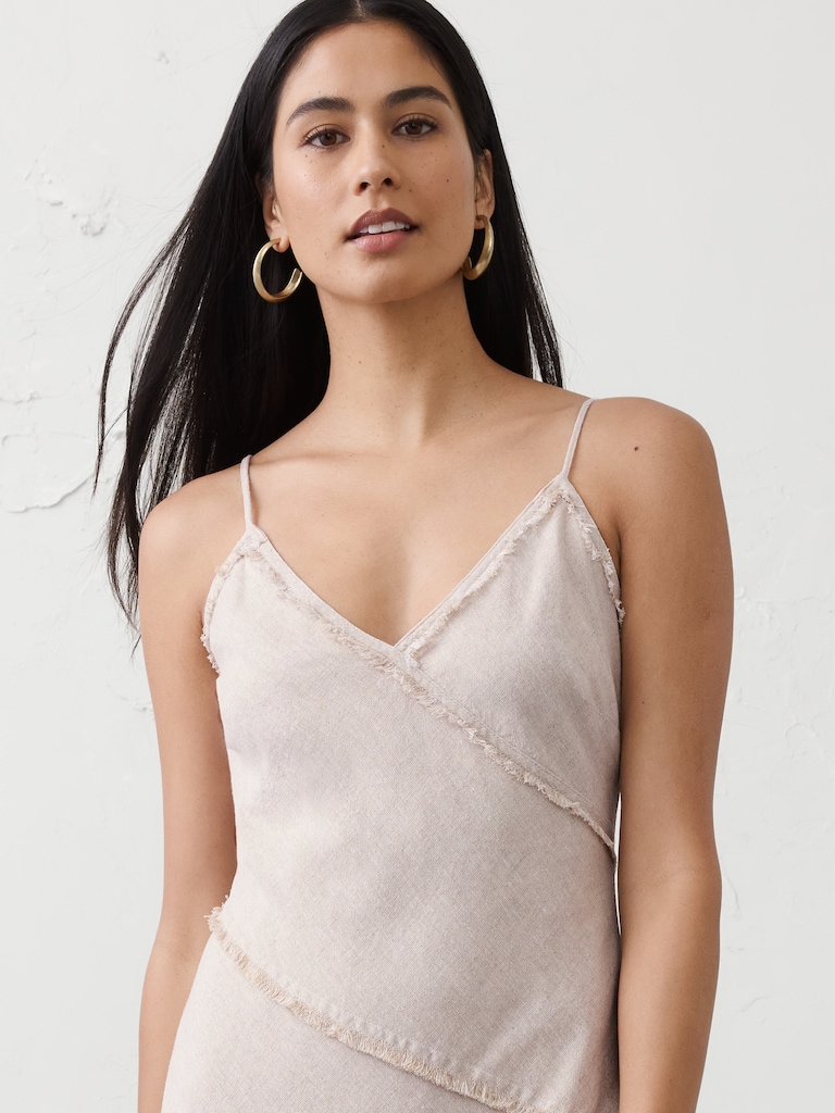 Linen-Blend Fray-Edges Midi Dress