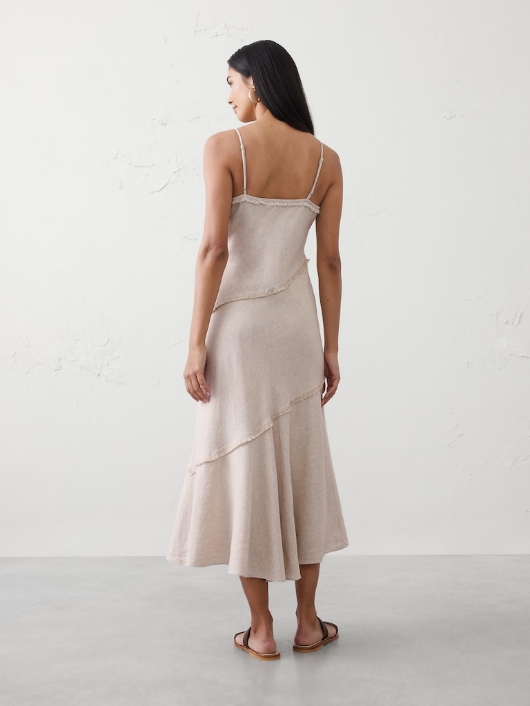 Linen-Blend Fray-Edges Midi Dress