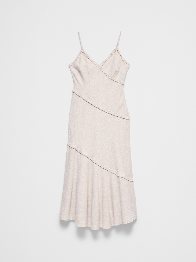 Linen-Blend Fray-Edges Midi Dress