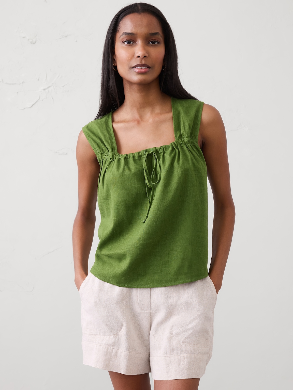 Linen-Blend Tied Popover Top