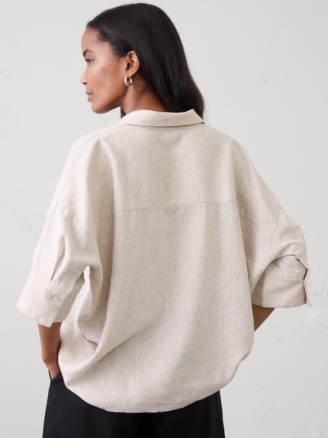 Linen-Blend Drapey Popover Shirt