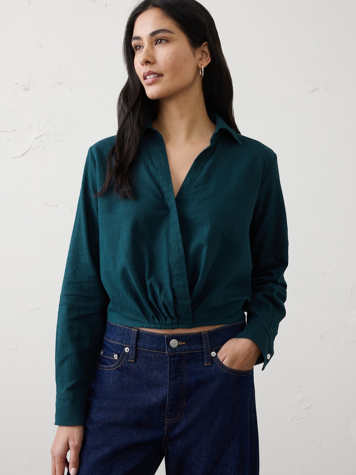 Linen-Blend Surplice Short Top